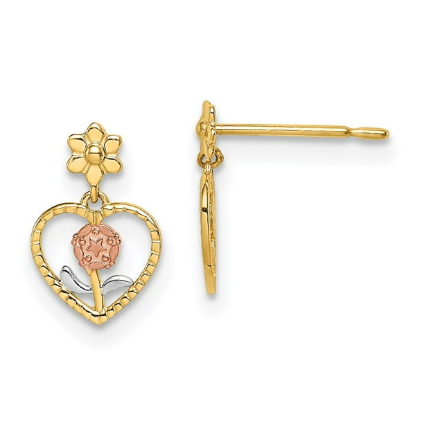 14k Tri-Color Gold Heart Flower Post Earrings, 8mm X 7mm 14k Tri-Color Gold Heart Flower Post Earrings, 8mm X 7mm